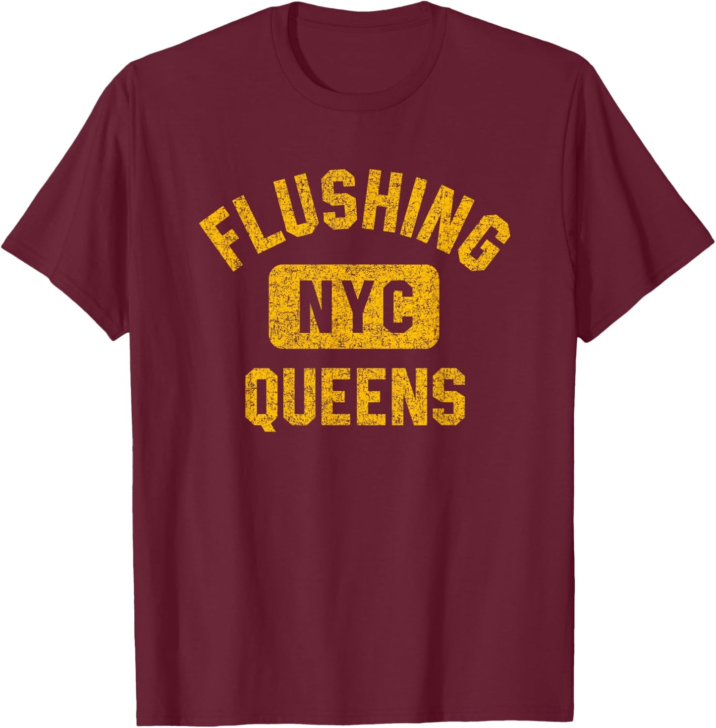 Flushing Queens NYC Gym Style Distressed Amber Print T-Shirt - T-Shirt | Maroon
