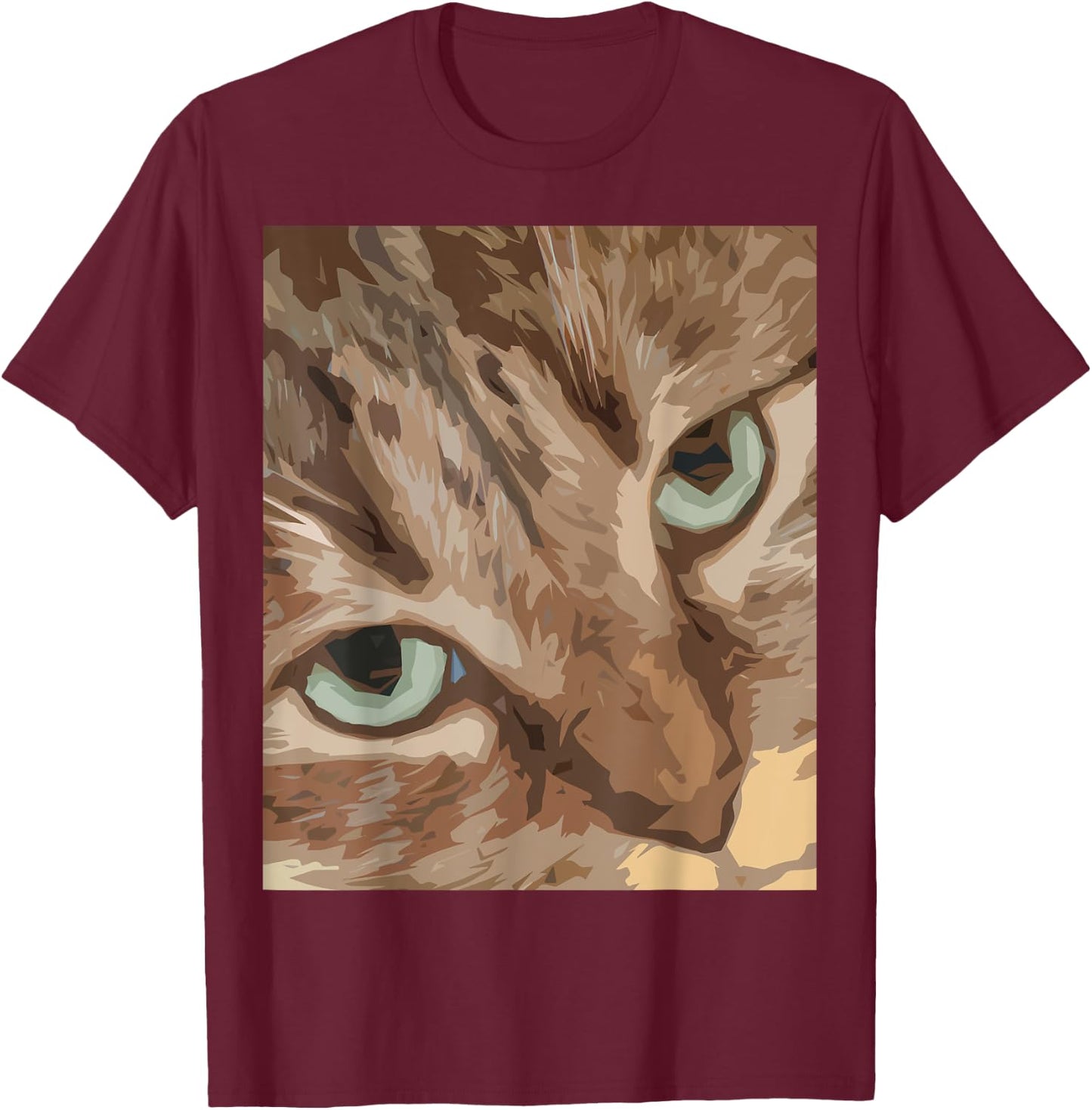 Cute Abstract Brown Tabby Cat Art with Green Eyes T-Shirt - T-Shirt | Maroon