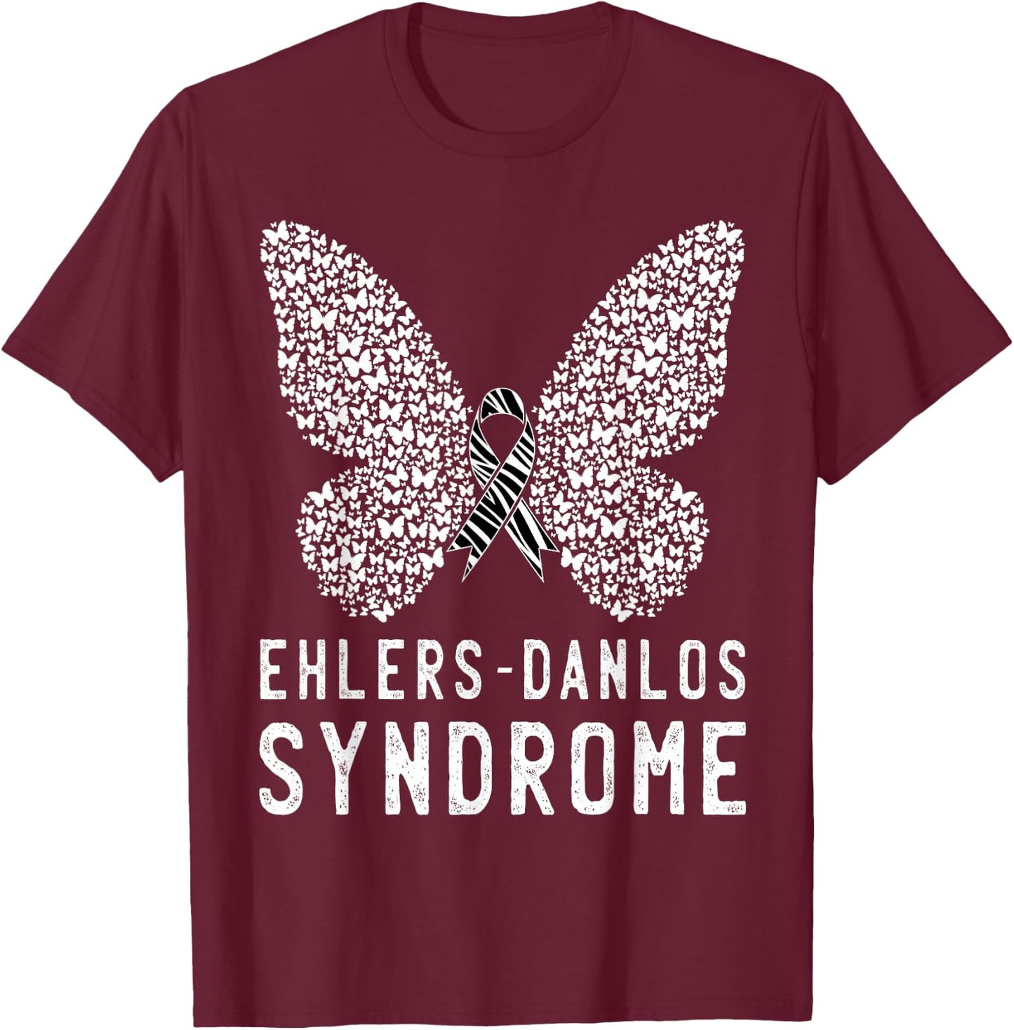 Butterfly Ehlers-Danlos Syndrome EDS Awareness Zebra Ribbon T-Shirt - T-Shirt | Maroon