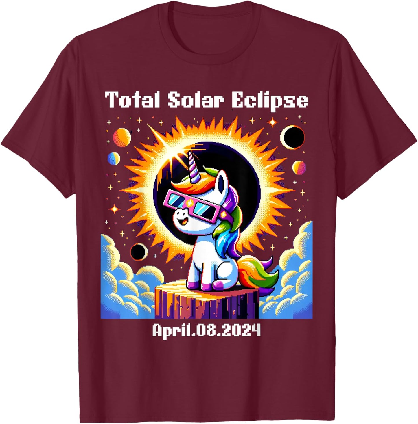 Solar Eclipse 2024 Total Eclipse April 8th 24 Unicorn T-Shirt - T-Shirt | Maroon