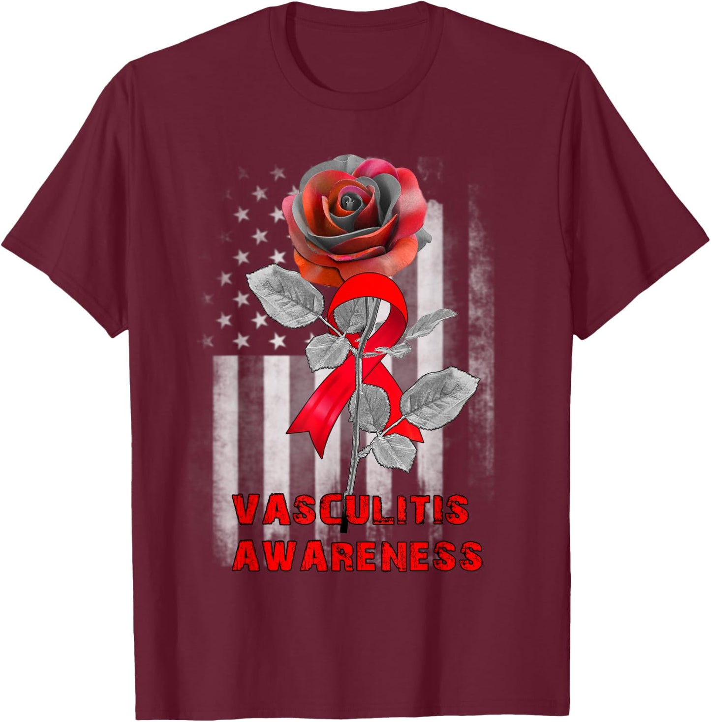 Rose Flower Vasculitis Awareness Ribbon T-Shirt - T-Shirt | Maroon