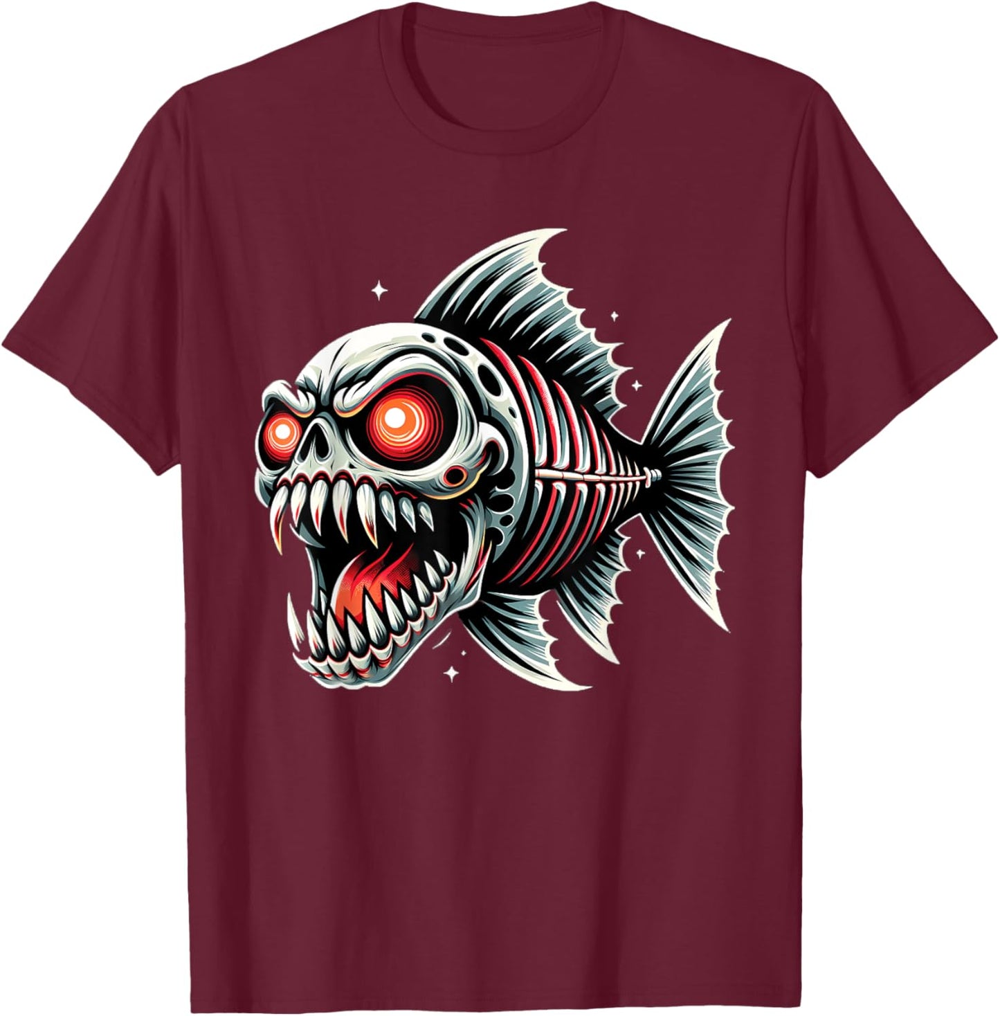 Funny Monster Skeletal Piranha Cartoon Drawing T-Shirt - T-Shirt | Maroon