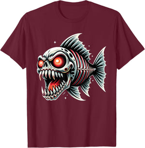 Funny Monster Skeletal Piranha Cartoon Drawing T-Shirt - T-Shirt | Maroon