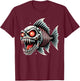 Funny Monster Skeletal Piranha Cartoon Drawing T-Shirt - T-Shirt | Maroon