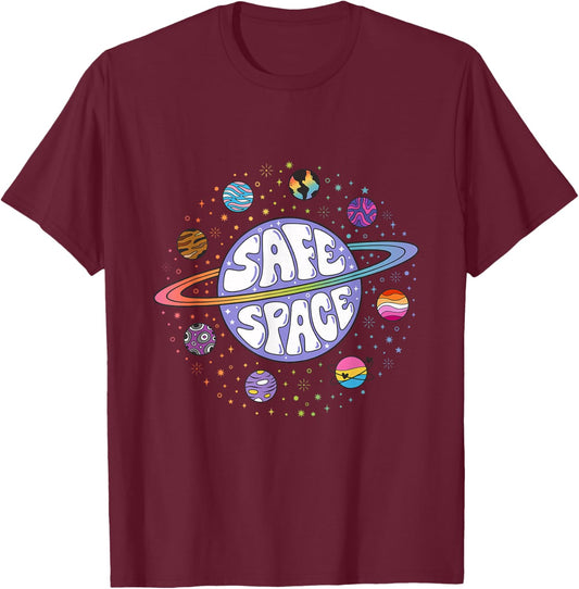 Retro Rainbow Planets Safe Space T-Shirt - T-Shirt | Maroon
