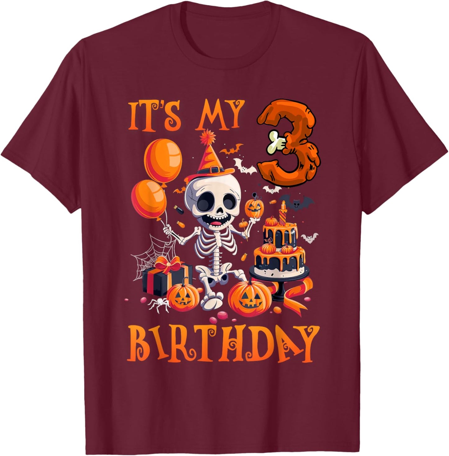 Kids Boo It's My 3rd Birthday Halloween Skeleton 3 Years Old T-Shirt - T-Shirt | Maroon