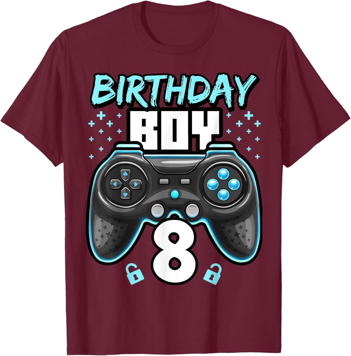 Birthday Boy 8 Video Game Controller Gamer 8th Birthday Gift T-Shirt - T-Shirt | Maroon
