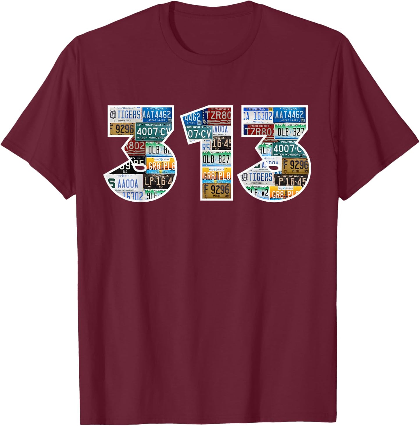 Detroit 313 License Plates Motor City Downtown Michigan T-Shirt - T-Shirt | Maroon