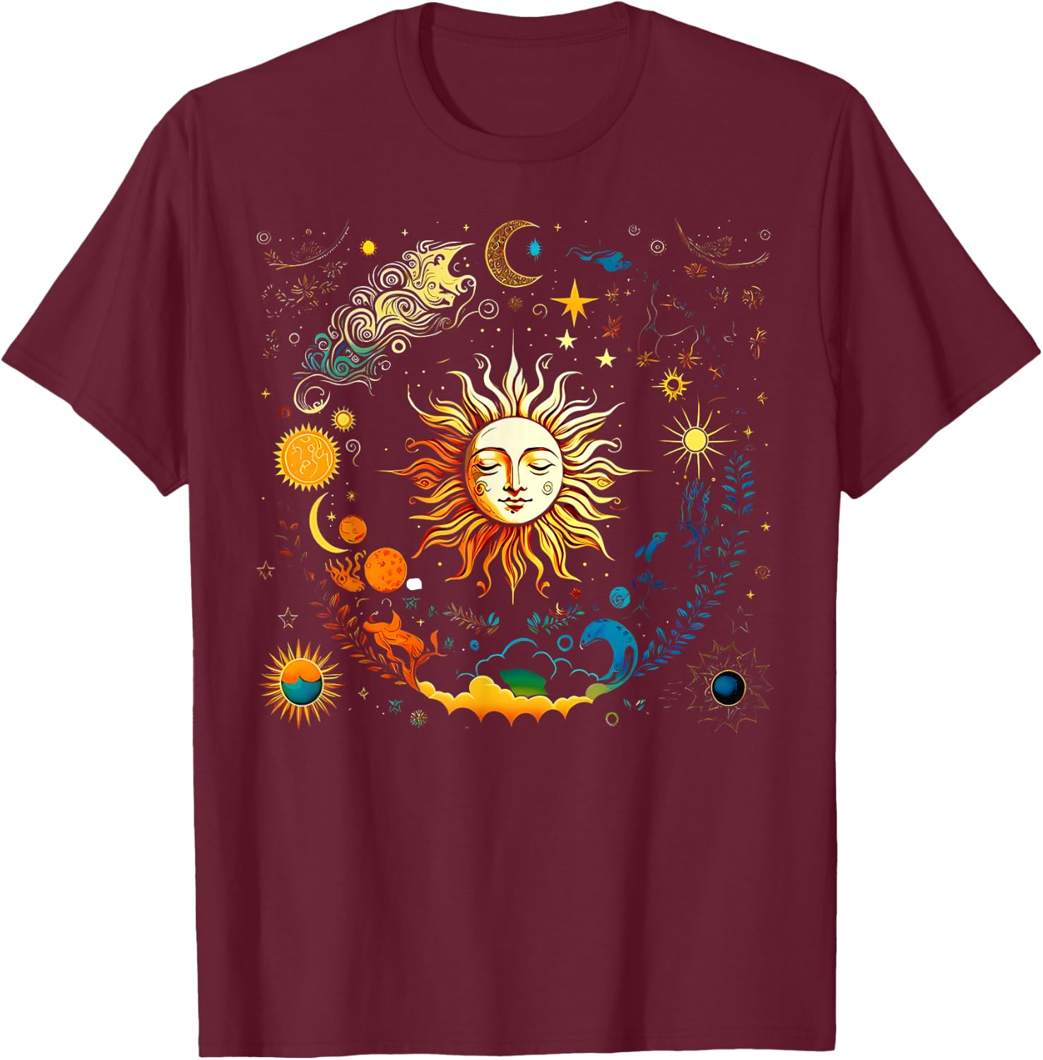 Celestial Sun & Elements Stars Boho Luna Solar Astronomy T-Shirt - T-Shirt | Maroon