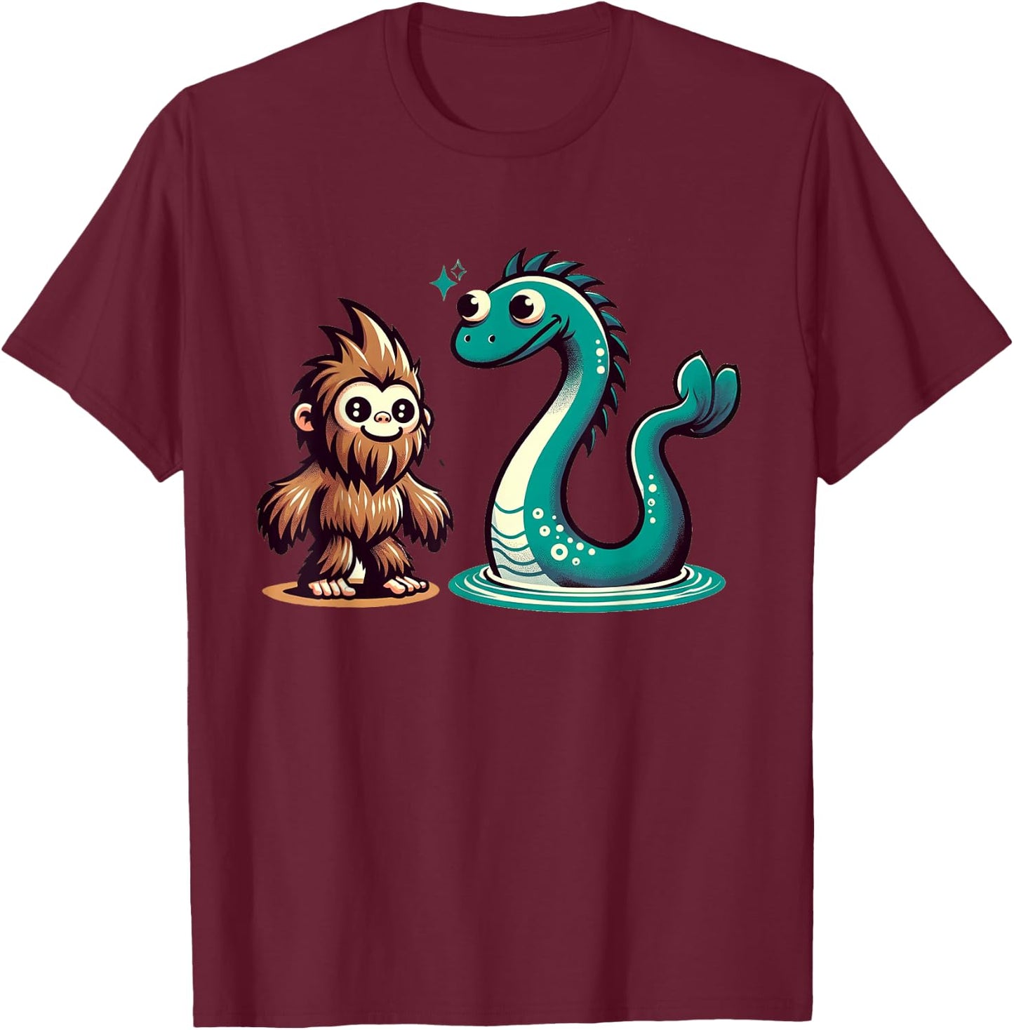 Bigfoot Loch Ness Monster Playdate for Nessie Lovers Kids T-Shirt - T-Shirt | Maroon