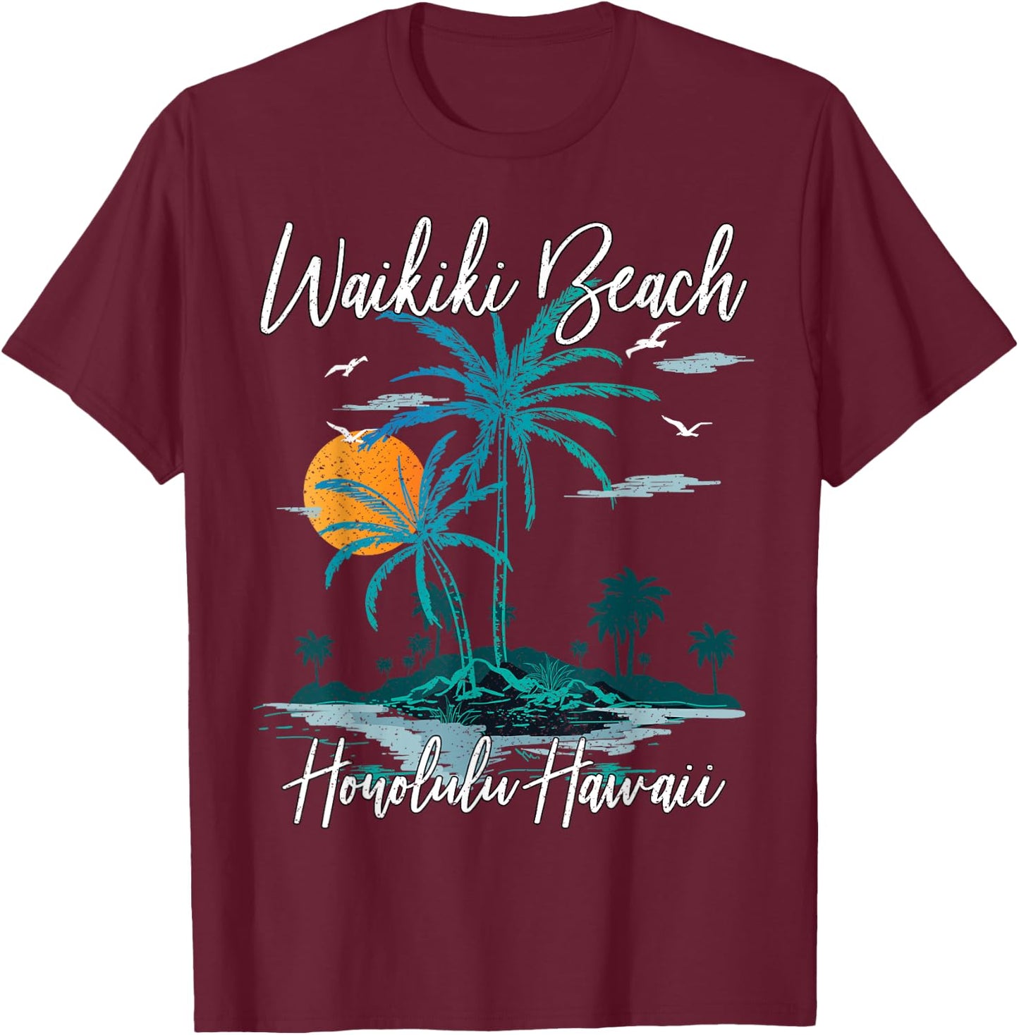 Family Vacation Retro Sunset Honolulu Hawaii Waikiki Beach Women Kids T-Shirt - T-Shirt | Maroon