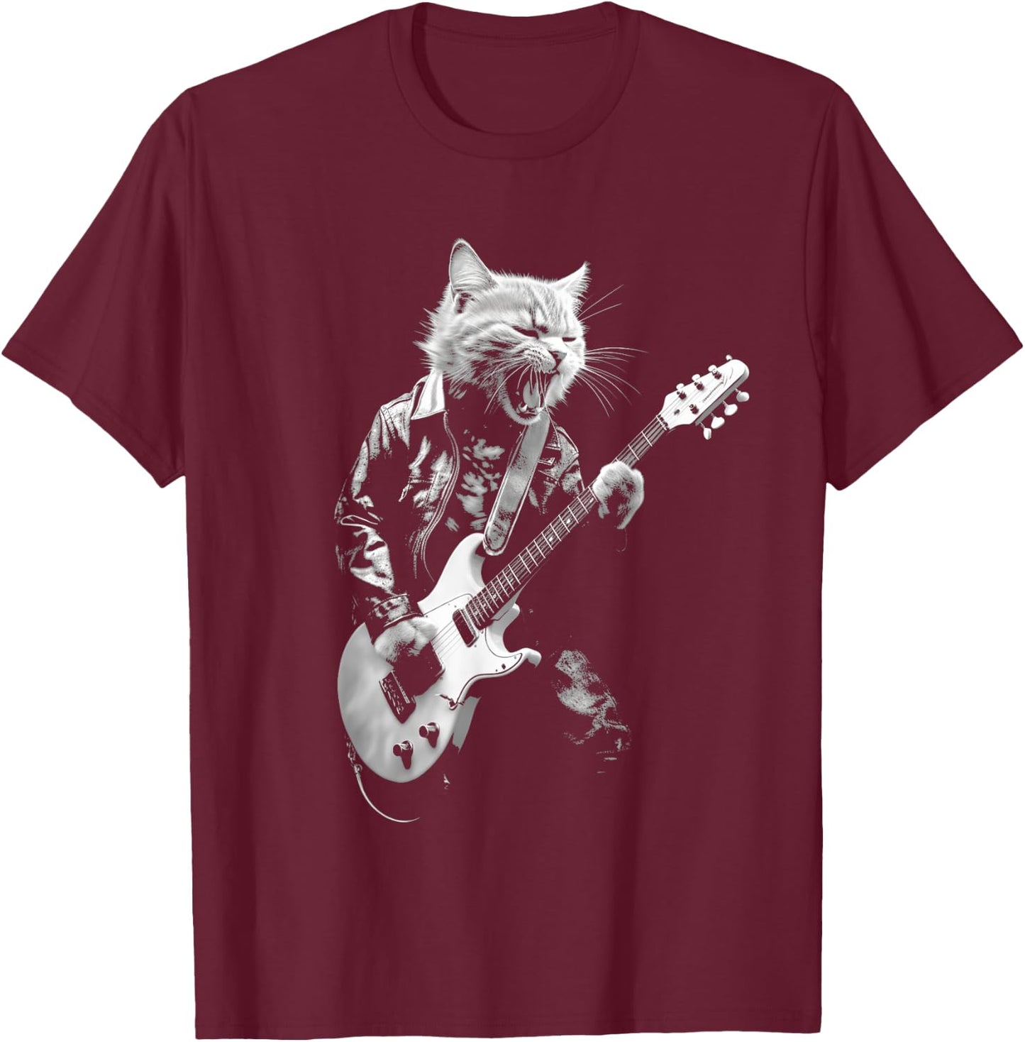 Rock Cat Playing Guitar Funny Guitar Cat Design T-Shirt - T-Shirt | Maroon