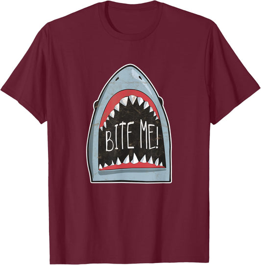 Bite Me Funny Shark Fan Beach Ocean Attire For Summer T-Shirt - T-Shirt | Maroon