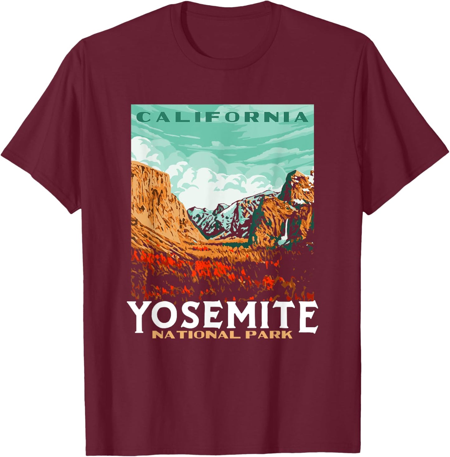 Retro Yosemite National Park Valley WPA Style Vintage T-Shirt - T-Shirt | Maroon