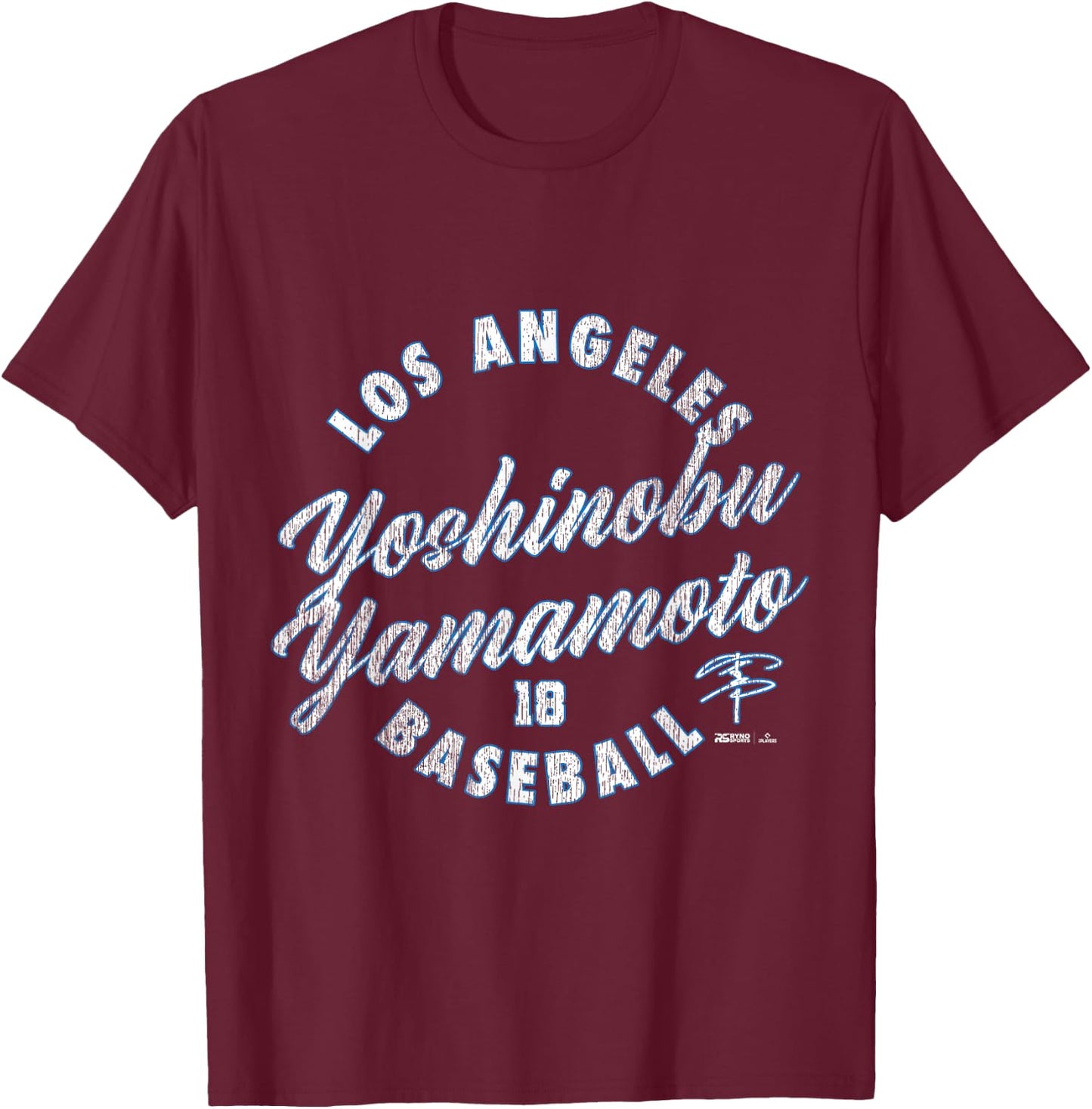 Yoshinobu Yamamoto Los Angeles Baseball Vintage Cursive T-Shirt - T-Shirt | Maroon