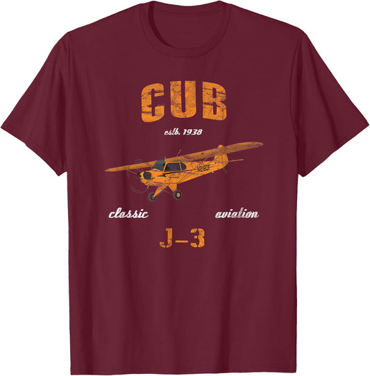 J-3 Cub Classic Airplane Aviation Vintage Pilot T-Shirt - T-Shirt | Maroon