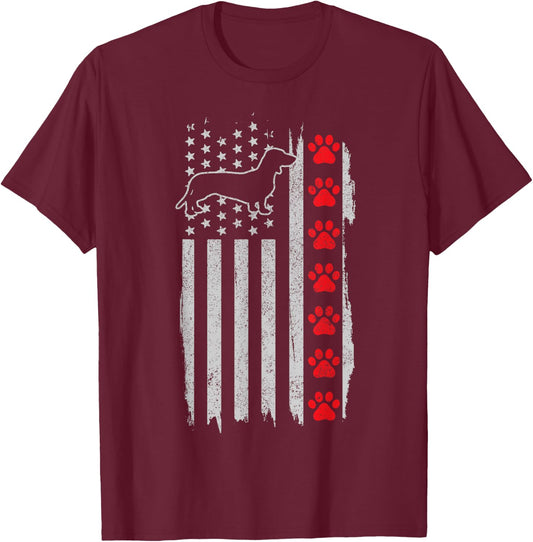 Dachshund American Flag 4th of July Patriotic Dog T-Shirt - T-Shirt | Maroon