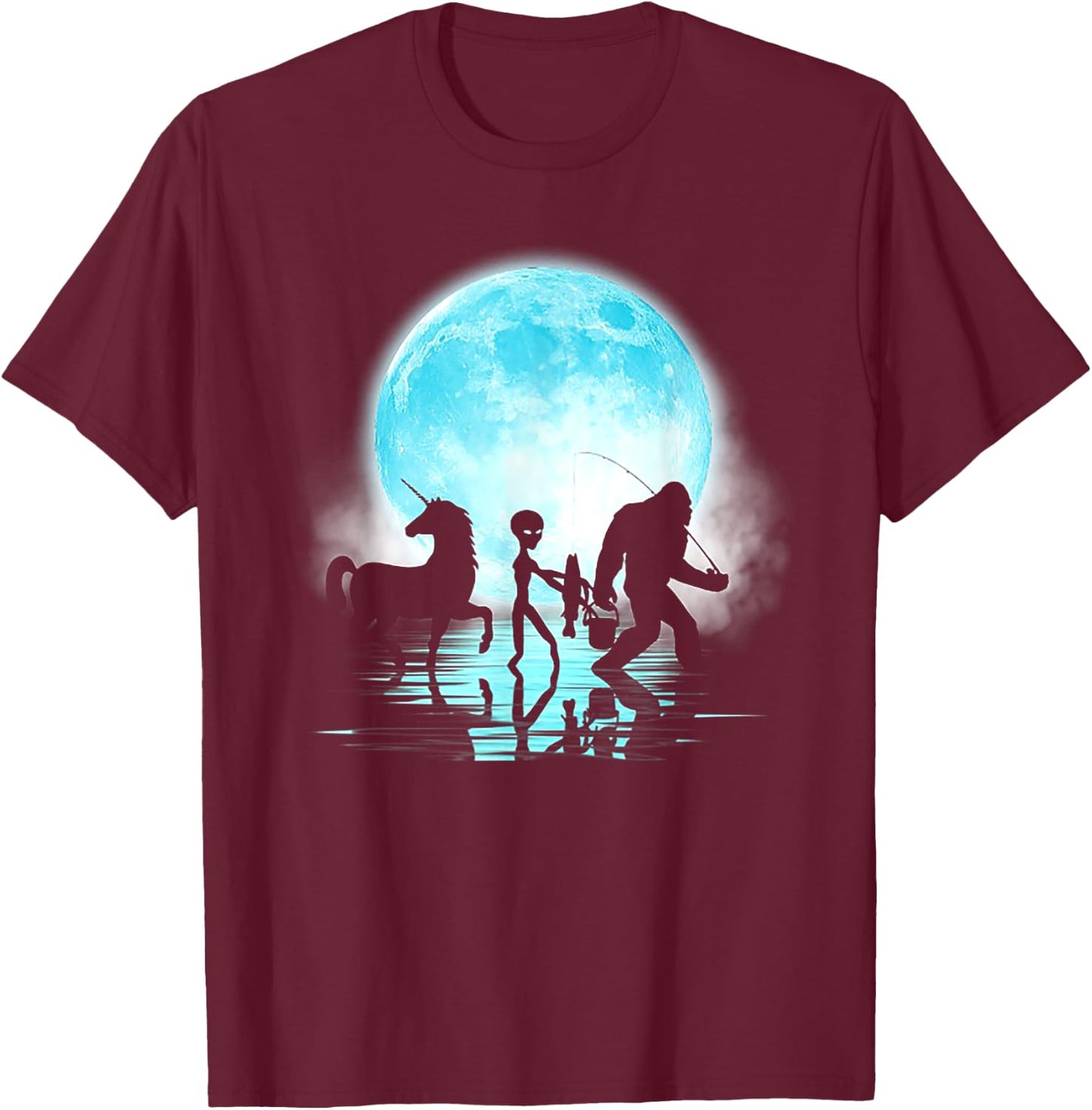 Funny Bigfoot Alien Unicorn Fishing T-Shirt - T-Shirt | Maroon