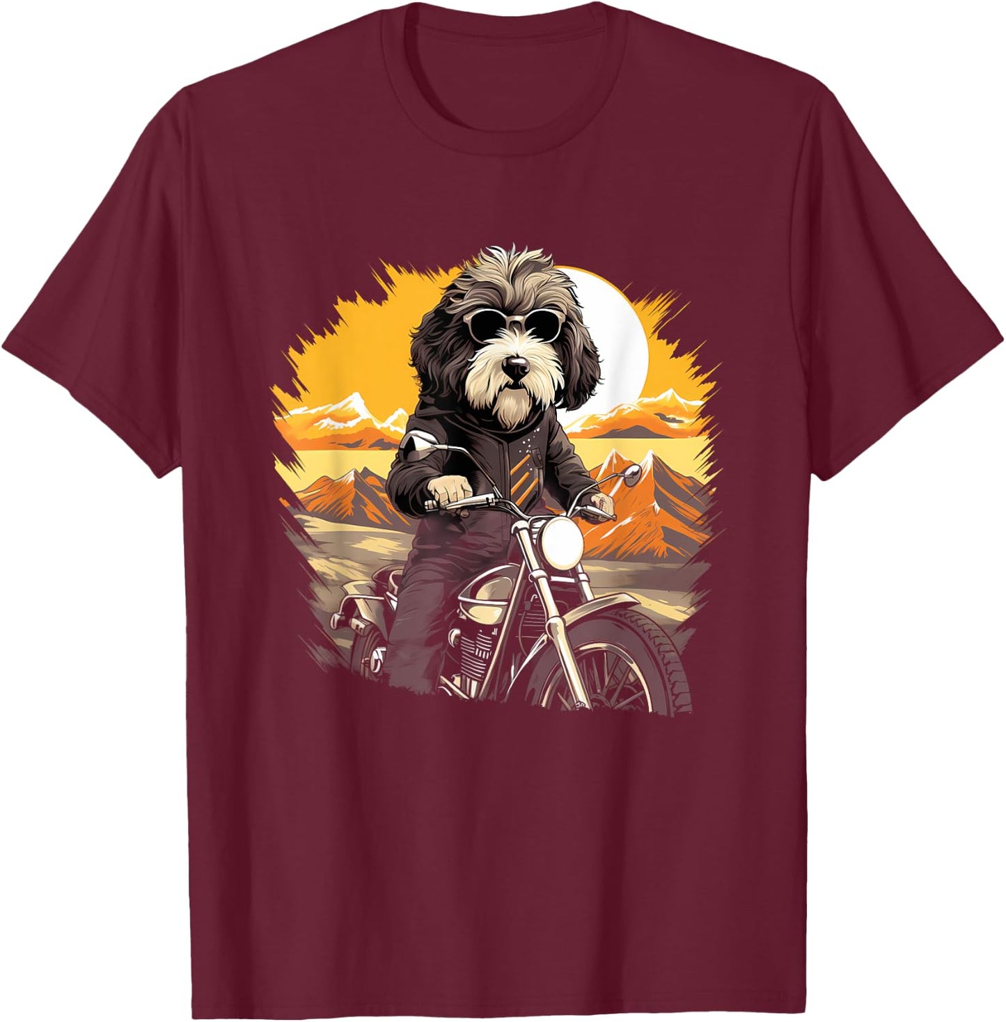 Biker Sheepadoodle Dog Riding Motorcycle T-Shirt - T-Shirt | Maroon