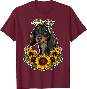 Cute Dog Love Gift Sunflowers Decor Dachshund Women Girls Kids T-Shirt - T-Shirt | Maroon
