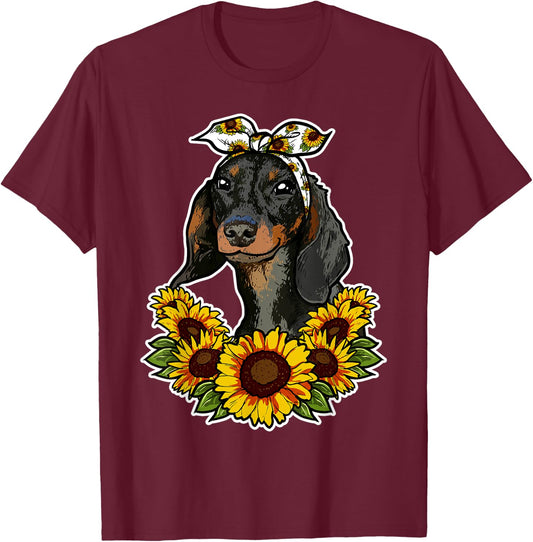 Cute Dog Love Gift Sunflowers Decor Dachshund Women Girls Kids T-Shirt - T-Shirt | Maroon