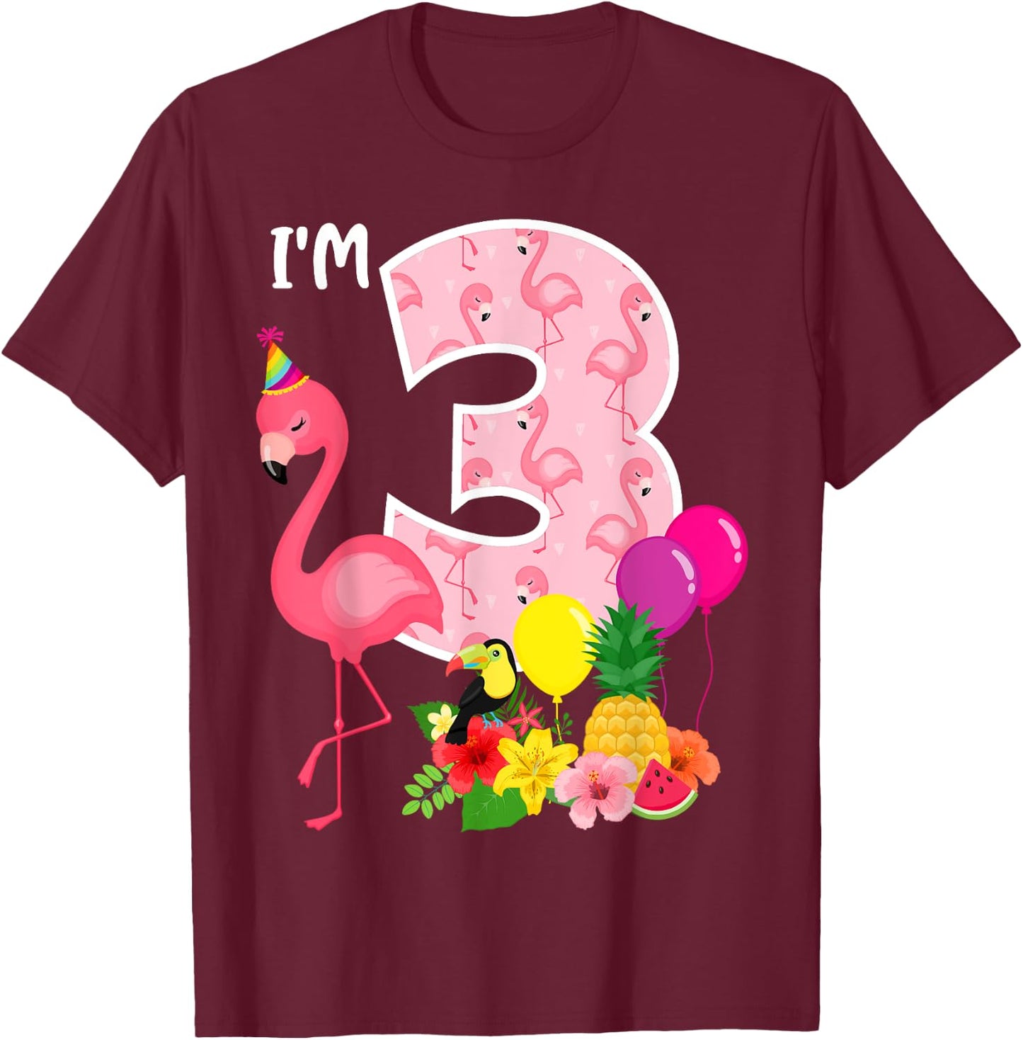 Flamingo Birthday I'm 3 Tropical Flamingo Theme 3rd Birthday T-Shirt - T-Shirt | Maroon