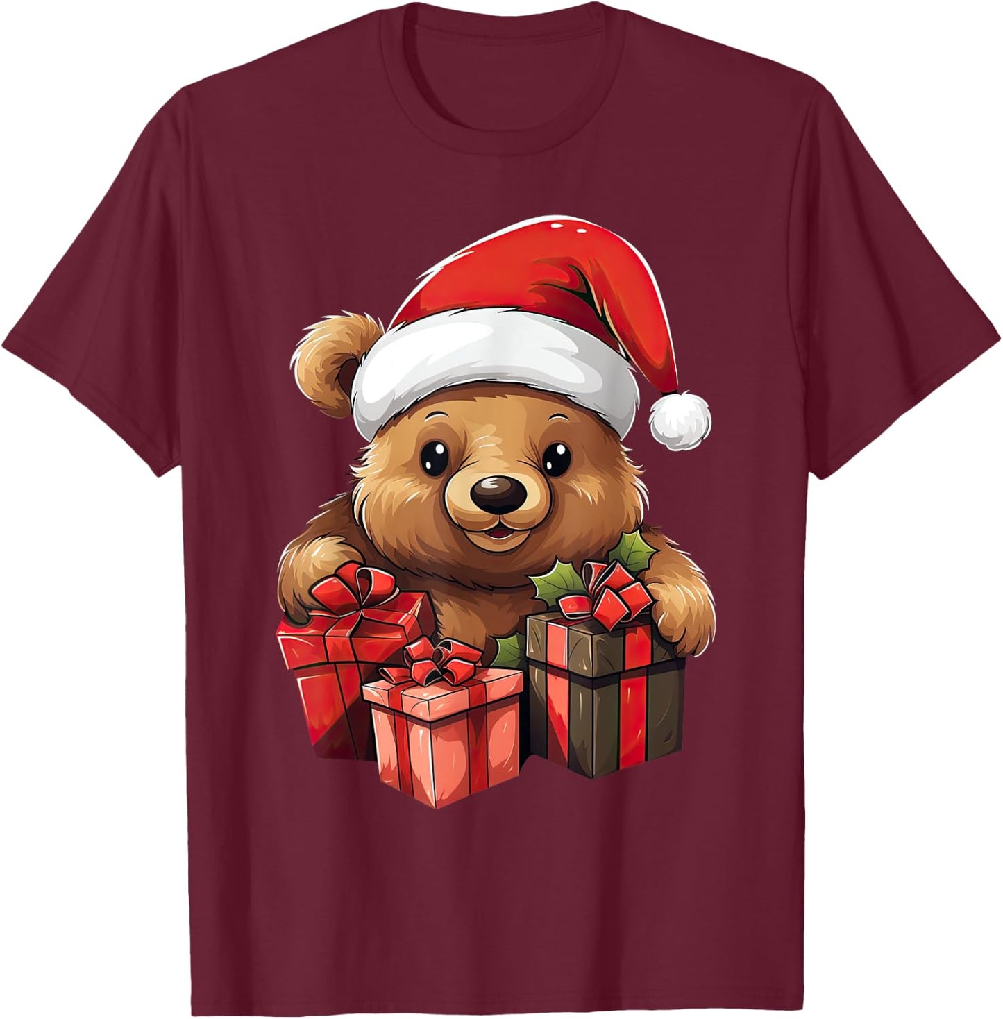 Teddy Bear Santa Claus Hat Christmas Pajama Xmas Party T-Shirt - T-Shirt | Maroon