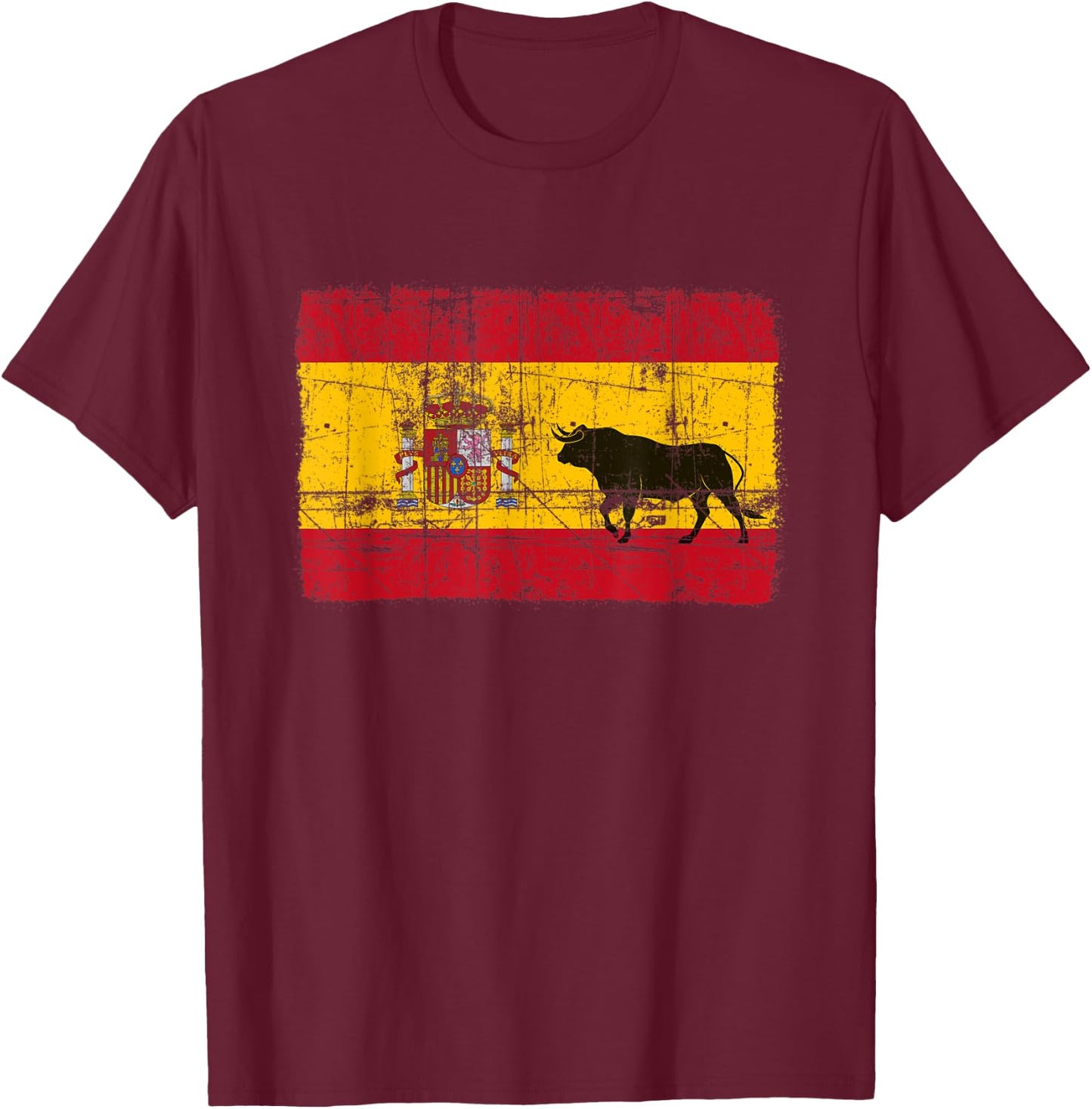Spain Spanish Flag Bull El Matador Distressed Graphic Black T-Shirt - T-Shirt | Maroon