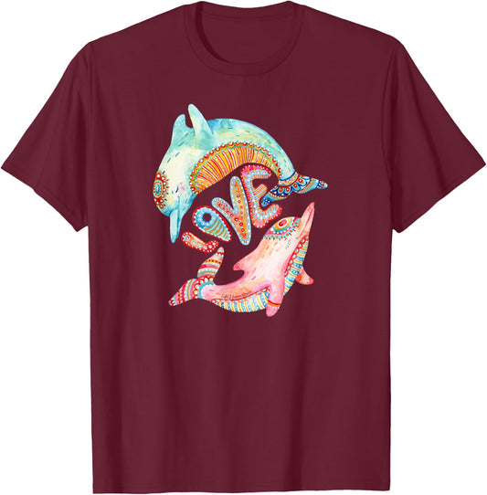 Beautiful retro hippie style "love" dolphin - Dolphin Love T-Shirt - T-Shirt | Maroon