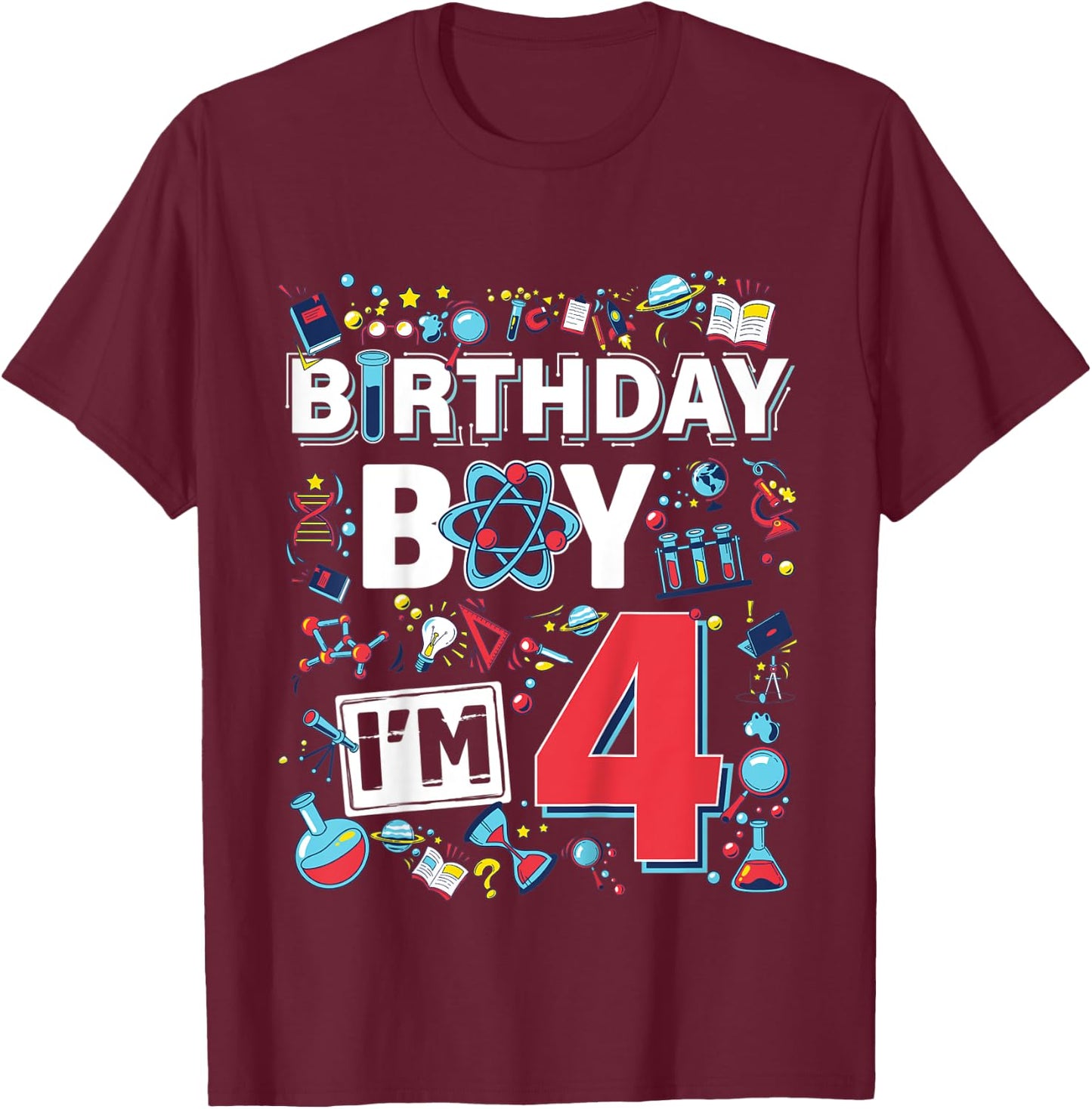 Kids Scientist 4th Birthday Boy I'm 4 Years Science experiments T-Shirt - T-Shirt | Maroon