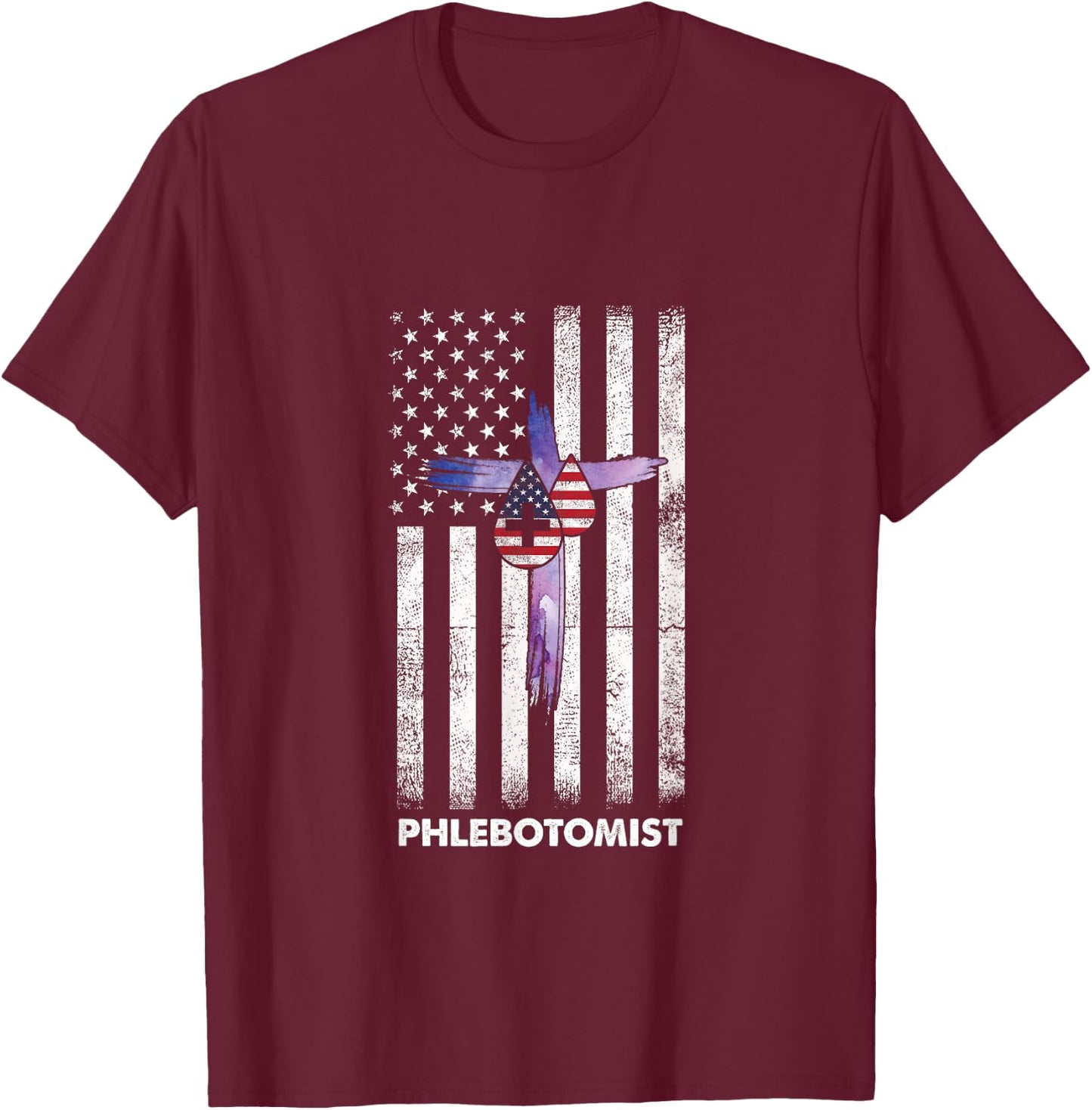 American Phlebotomist Phlebotomy Flag Cross Blood Gift T-Shirt - T-Shirt | Maroon