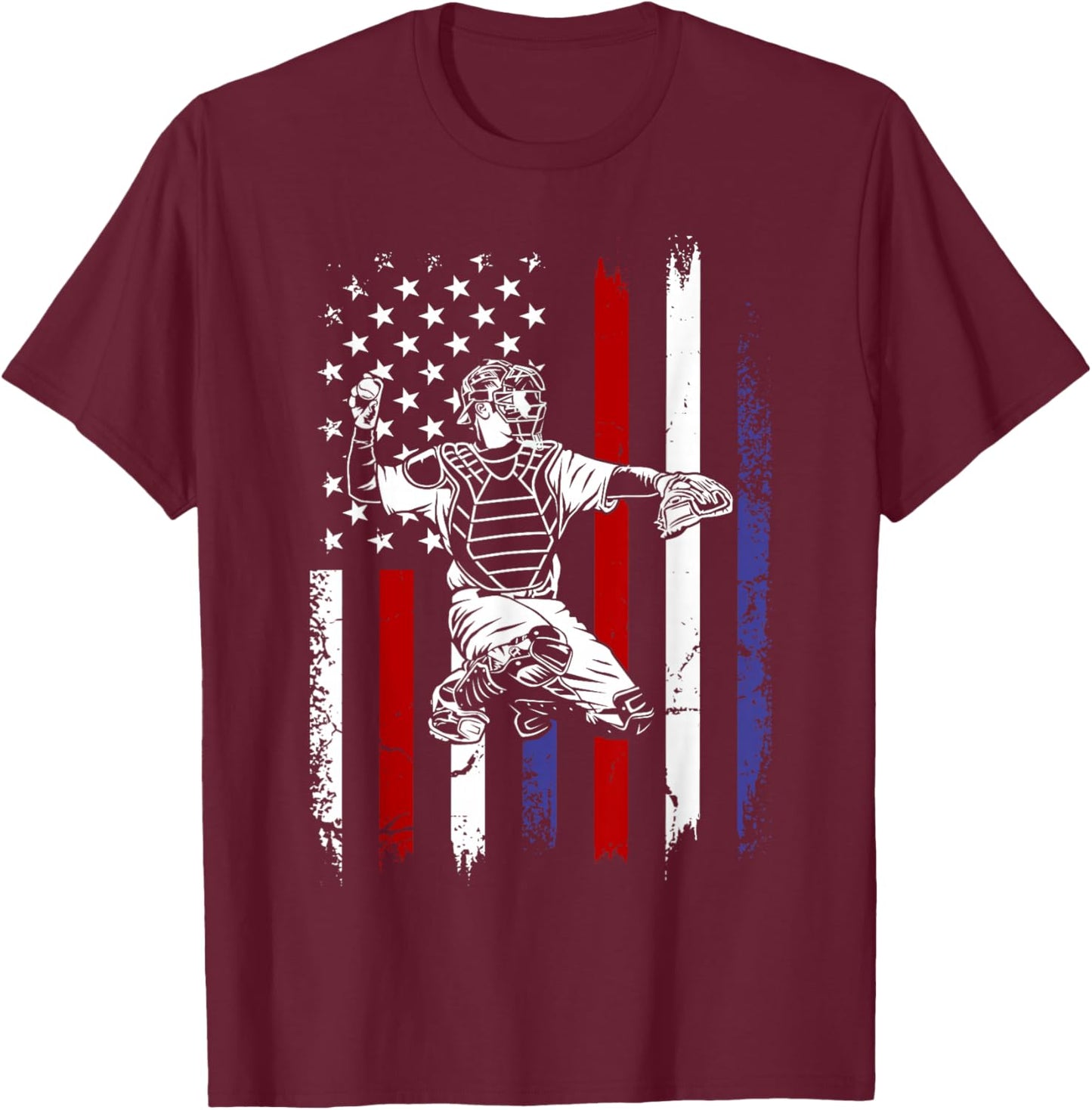 Baseball American Flag Patriotic Catcher 4th of July T-Shirt - T-Shirt | Maroon
