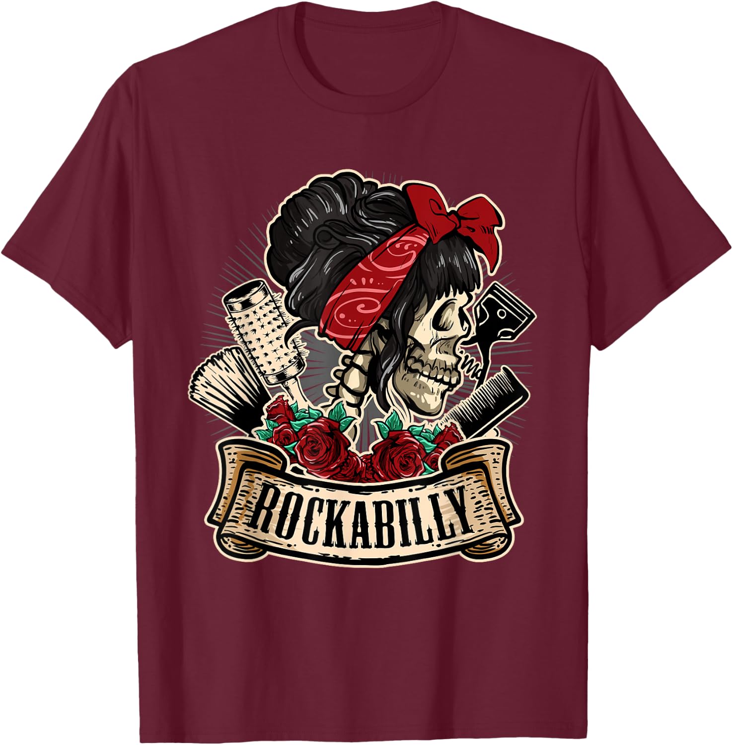 Rockabilly Girl Skull Pin-Up Hairstylist Hairdresser T-Shirt - T-Shirt | Maroon