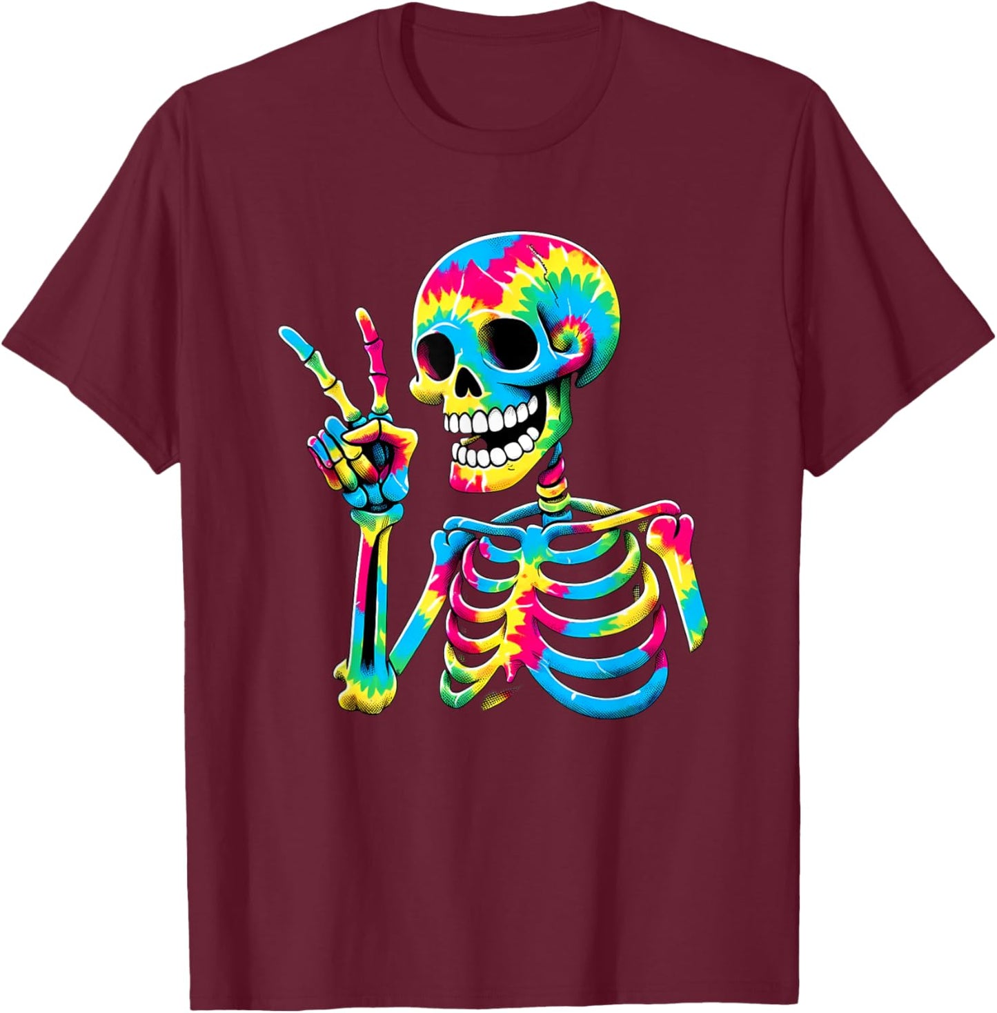 Peace Sign Tie Dye Skeleton T-Shirt - T-Shirt | Maroon