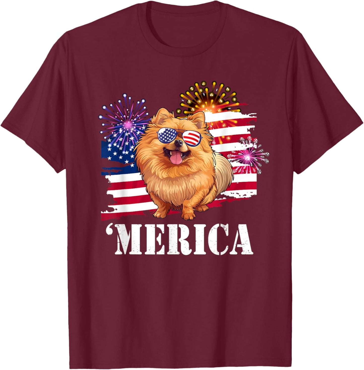 Patriotic America USA Flag Merica 4th July Pomeranian Lover T-Shirt - T-Shirt | Maroon