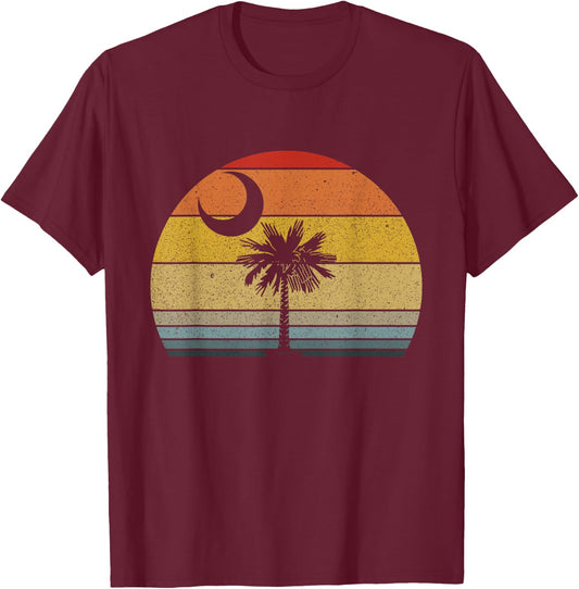 Retro Sunset South Carolina Flag Palmetto Tree Crescent Moon T-Shirt - T-Shirt | Maroon