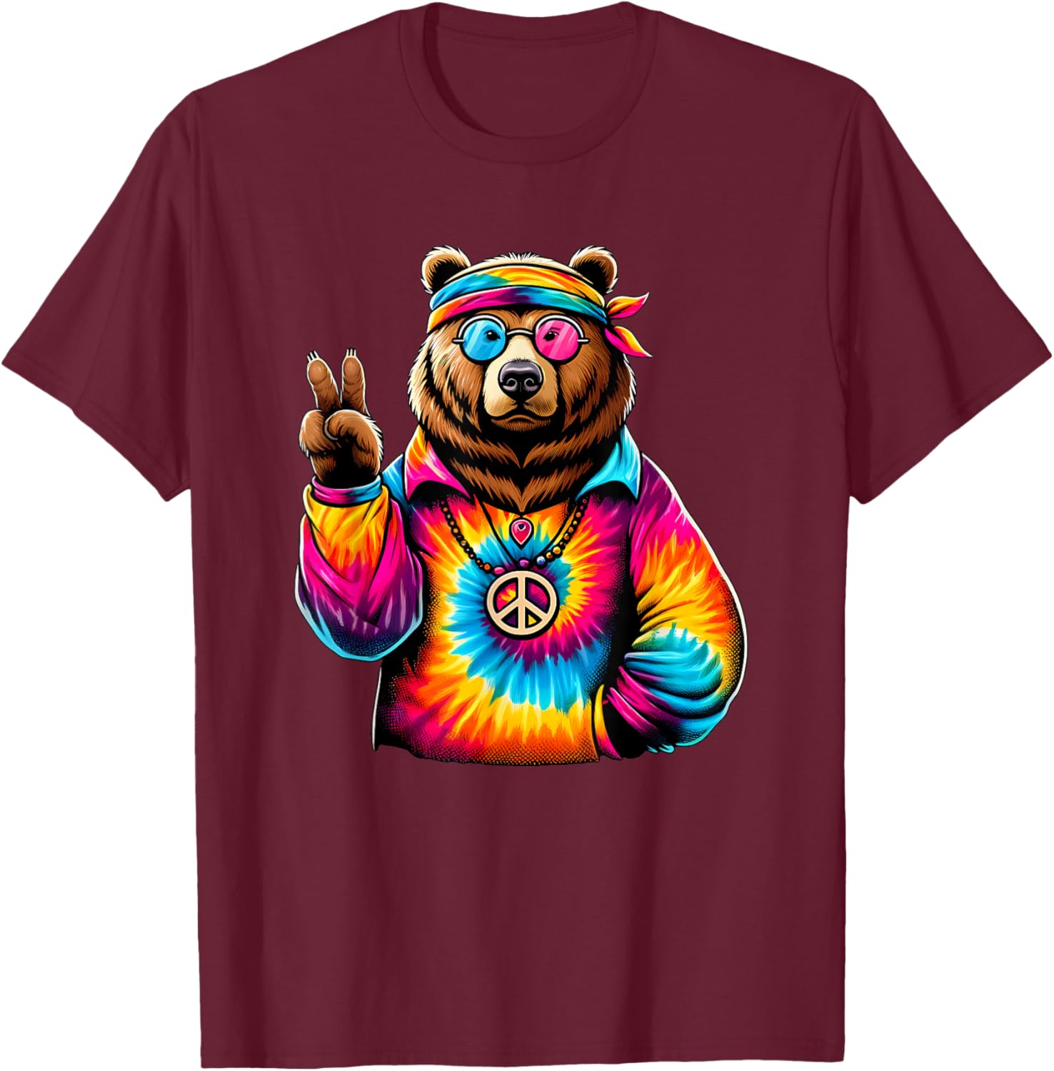 Peace Sign Tie Dye Grizzly Bear T-Shirt - T-Shirt | Maroon
