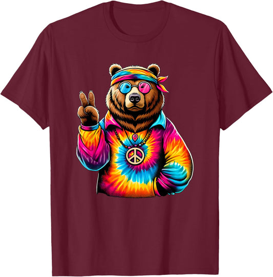 Peace Sign Tie Dye Grizzly Bear T-Shirt - T-Shirt | Maroon