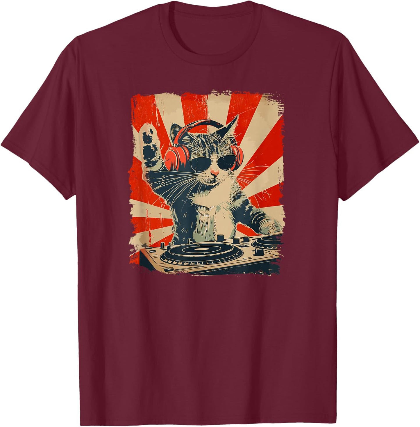 Funny DJ Cat Disco Sound Tech Headphone Music T-Shirt - T-Shirt | Maroon