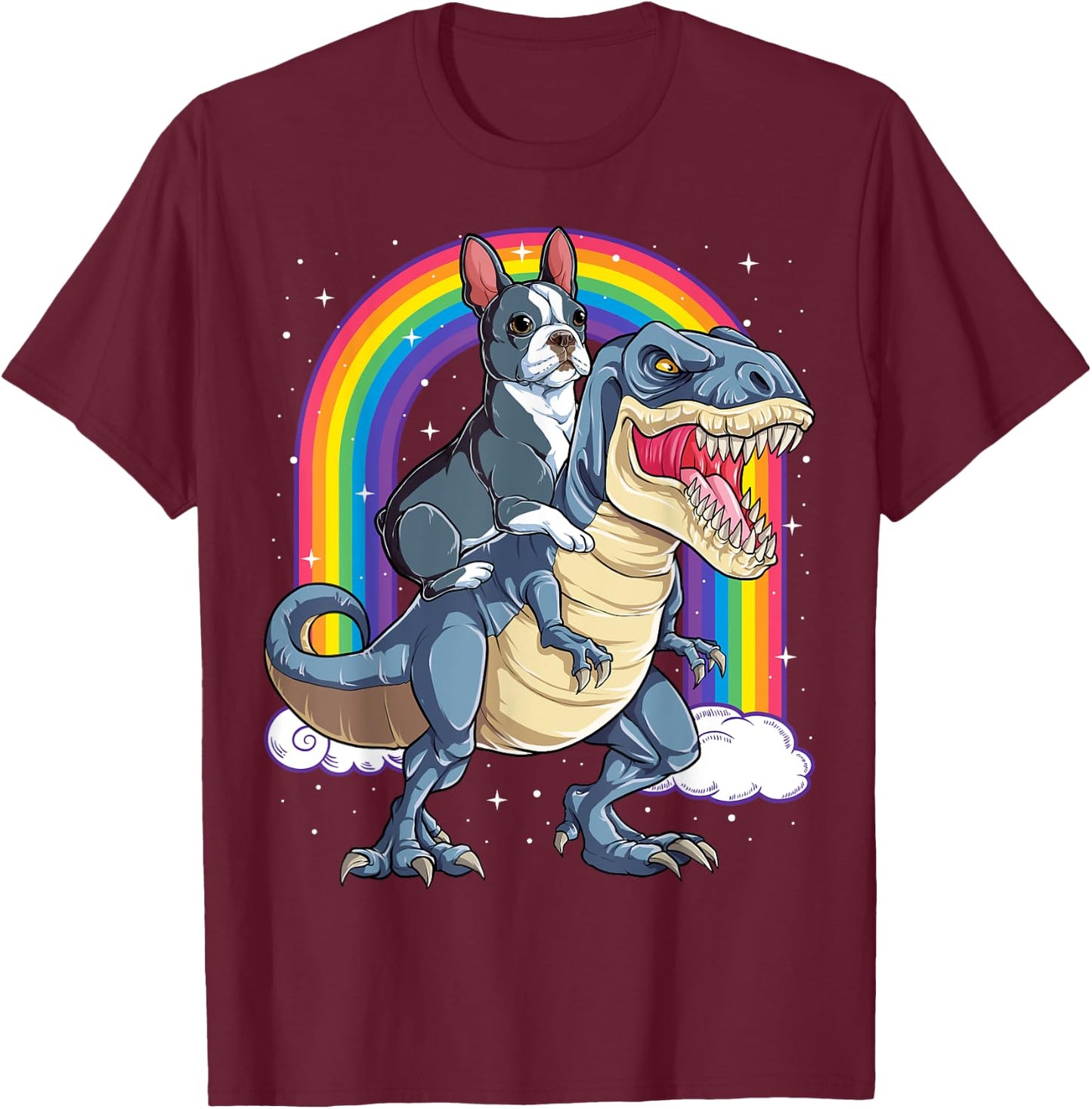 Boston Terrier Riding Dinosaur T-rex Gifts Boys Kids Rainbow T-Shirt - T-Shirt | Maroon