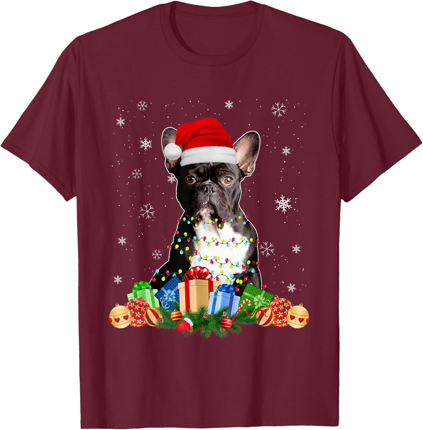 French Bulldog Dog Christmas Lights Santa Puppy Dog Lover Men Women Kids T-Shirt - T-Shirt | Maroon