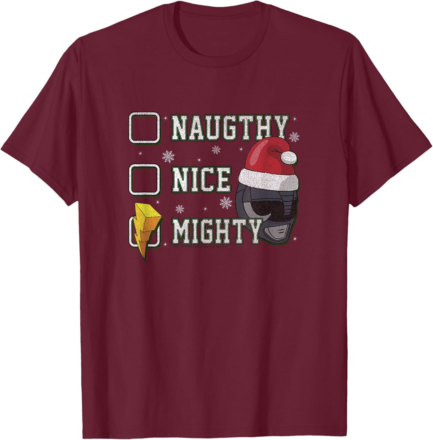 Power Rangers Christmas Naughty Nice Mighty Checklist Logo T-Shirt - T-Shirt | Maroon