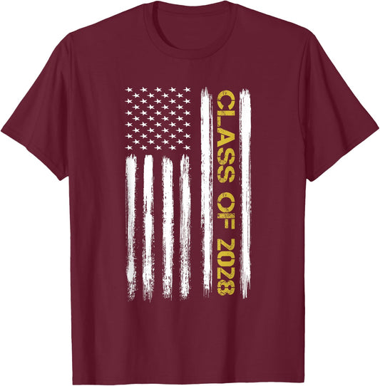 Senior Class Of 2028 Patriotic American Flag Graduation Gift T-Shirt - T-Shirt | Maroon