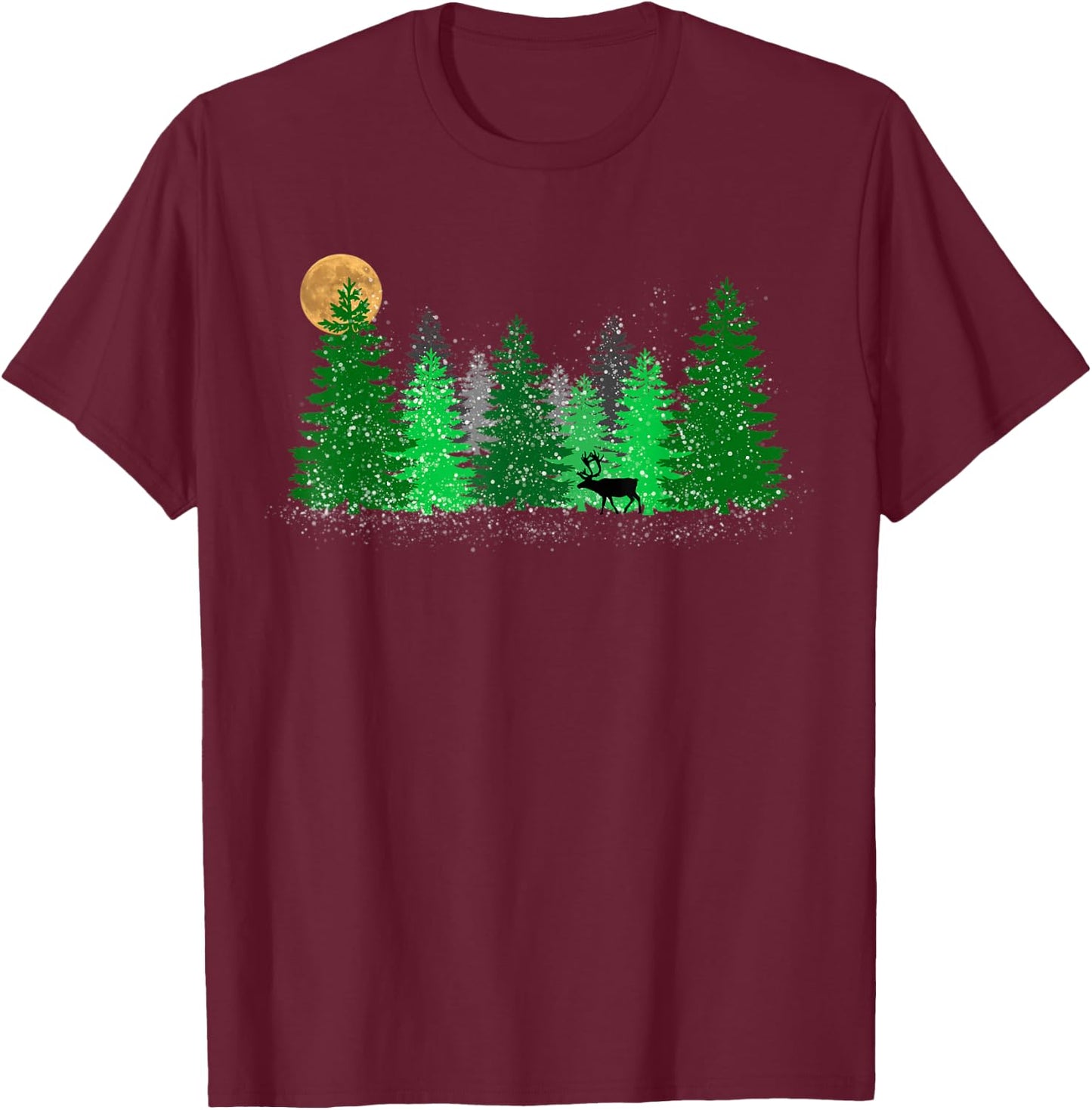 Christmas Reindeer in a Snowy Pine Forest Outdoorsman Gift T-Shirt - T-Shirt | Maroon