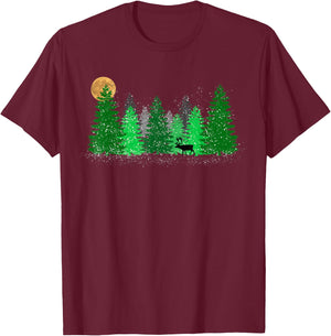 Christmas Reindeer in a Snowy Pine Forest Outdoorsman Gift T-Shirt - T-Shirt | Maroon