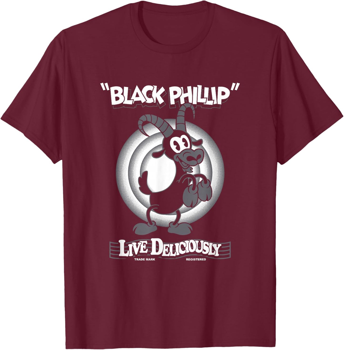 Live Deliciously - Vintage Cartoon Goat - Black Phillip T-Shirt - T-Shirt | Maroon
