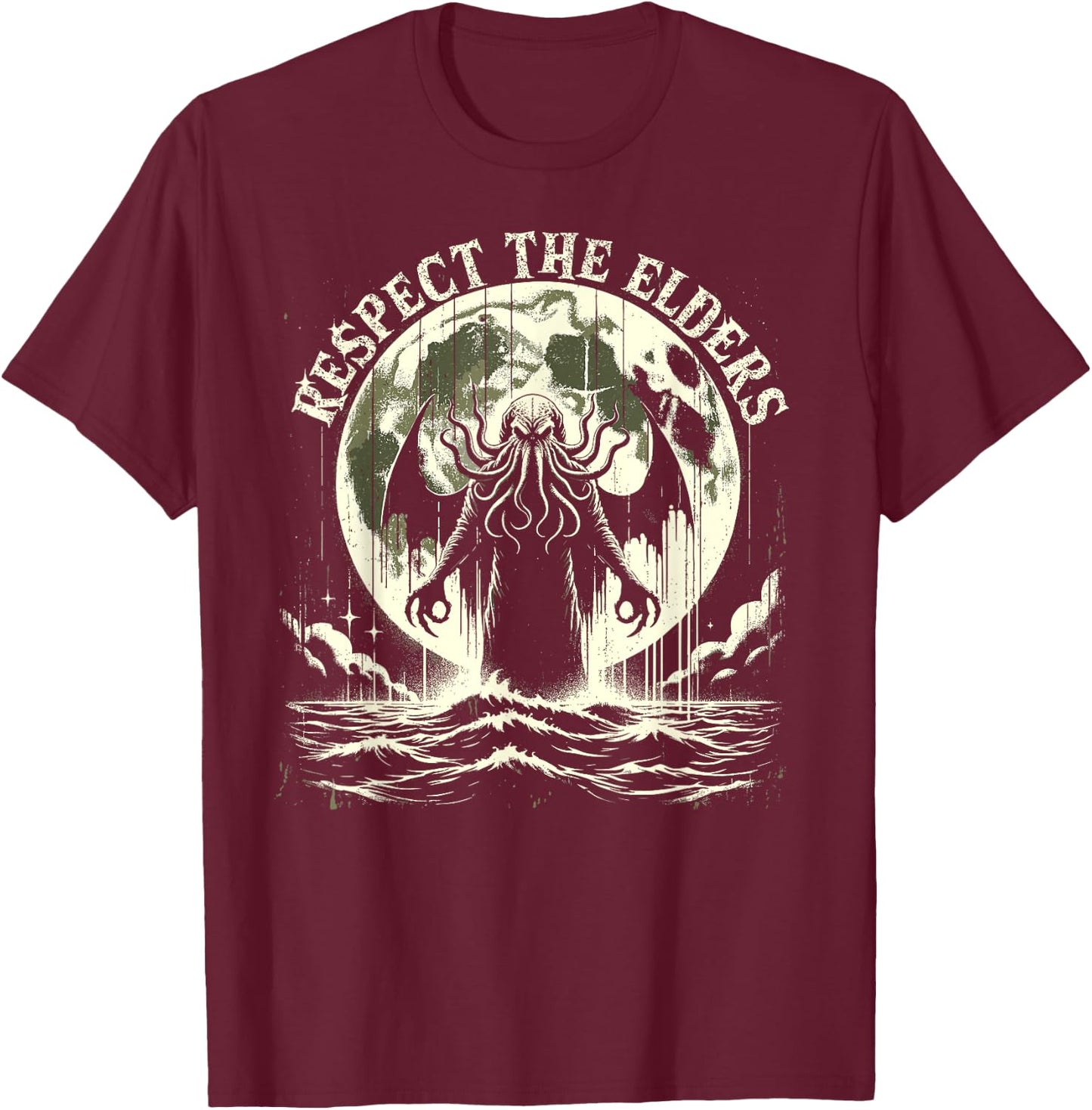 Cthulhu Respect The Elders, Vintage Cosmic Horror T-Shirt - T-Shirt | Maroon