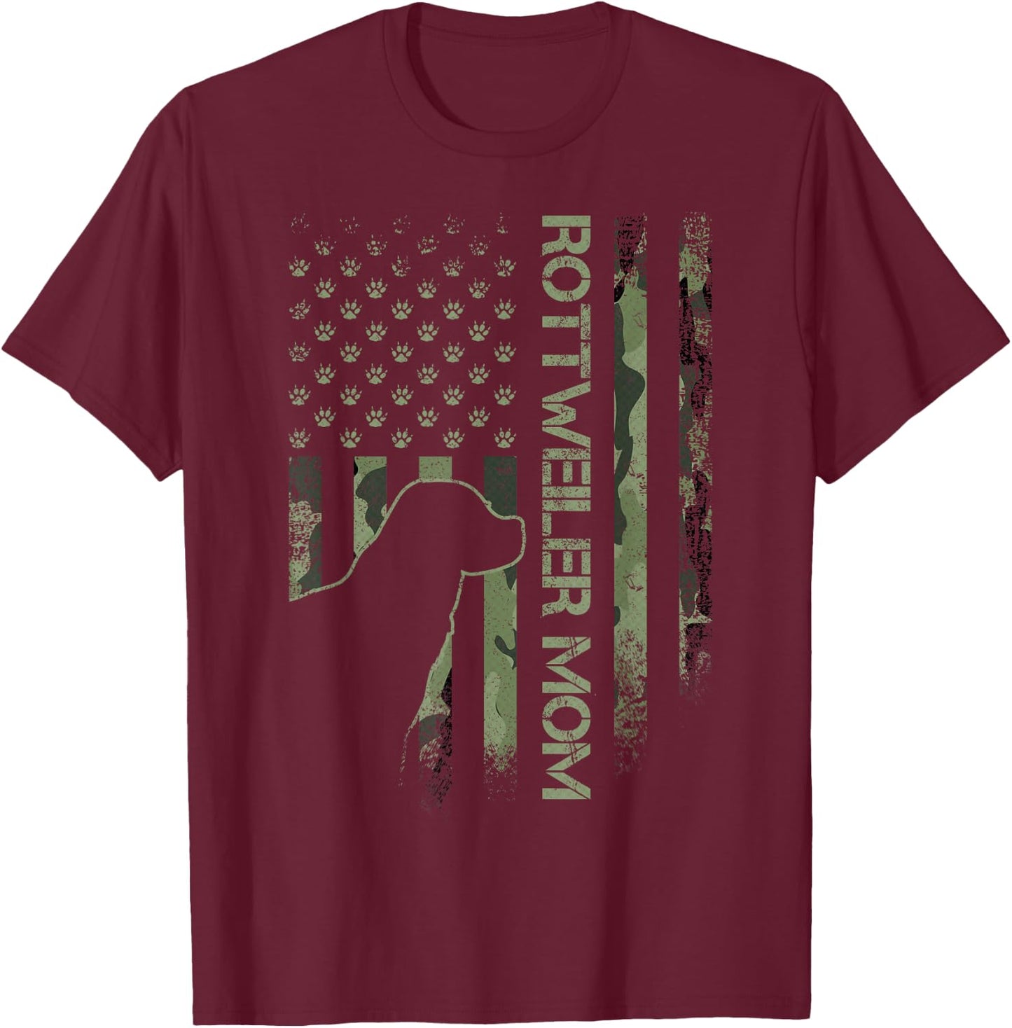 Vintage USA Camo Flag Proud Rottweiler Mom Rottie Silhouette T-Shirt - T-Shirt | Maroon