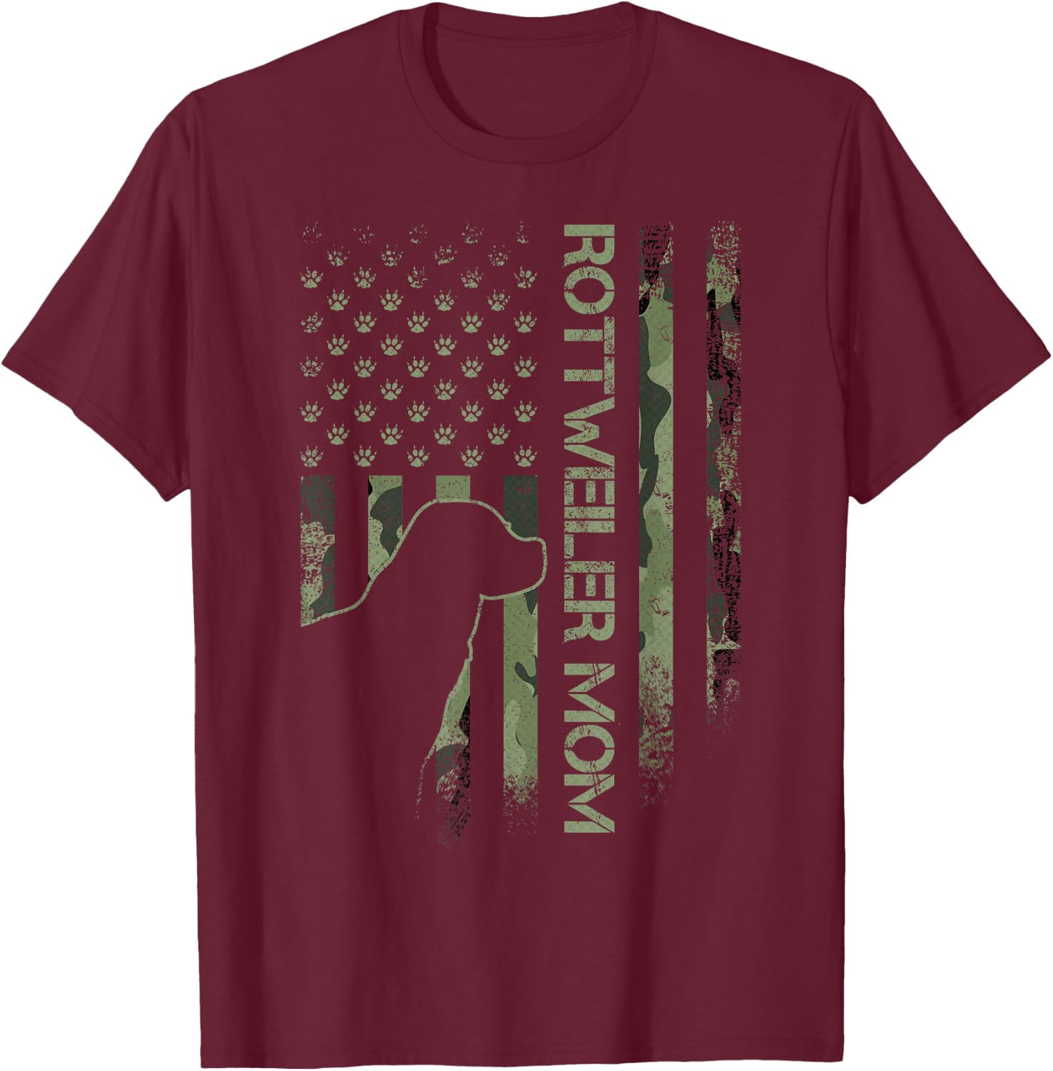 Vintage USA Camo Flag Proud Rottweiler Mom Rottie Silhouette T-Shirt - T-Shirt | Maroon