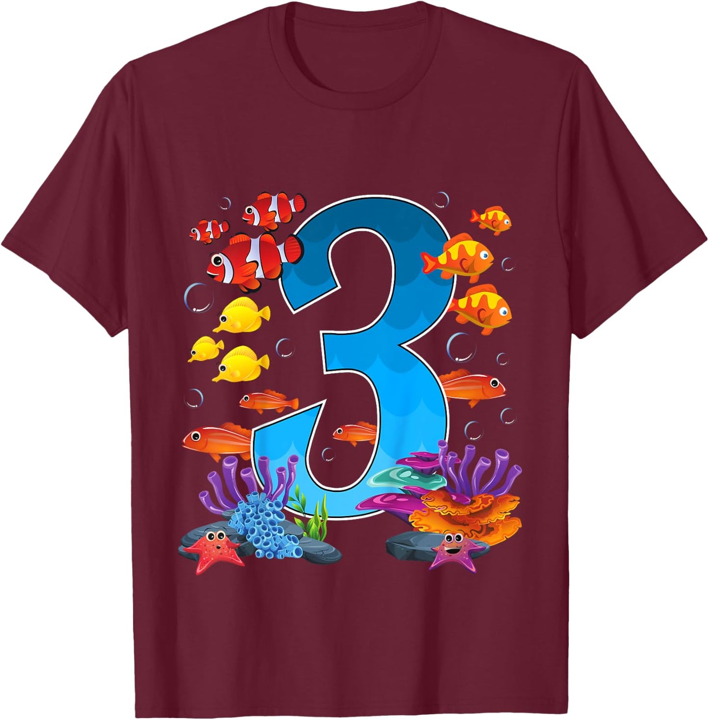 3 Year Old Under The Sea Birthday Ocean Fish Theme 3rd Gift T-Shirt - T-Shirt | Maroon